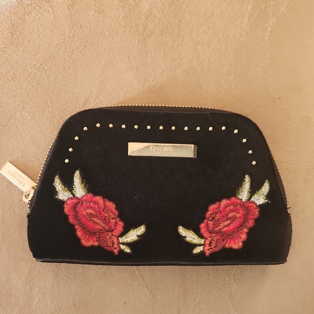 Dune LONDON Black Embroidered Women's Travel Cosmetic Bag Small Unique Organizer